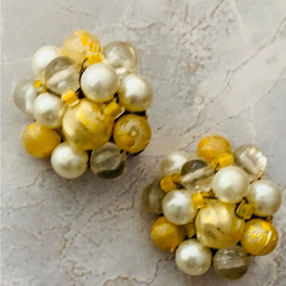 Japan Gold White and Silver Cluster Clip on Earrings